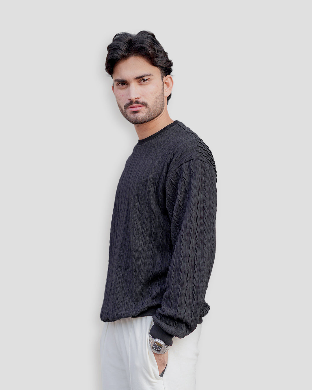 Cable Knit Sweatshirt - Black