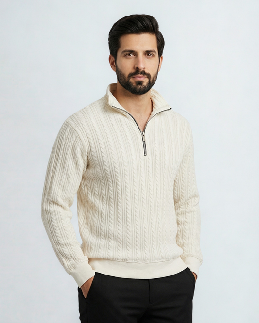 Cable Knit Zip Sweatshirt - White