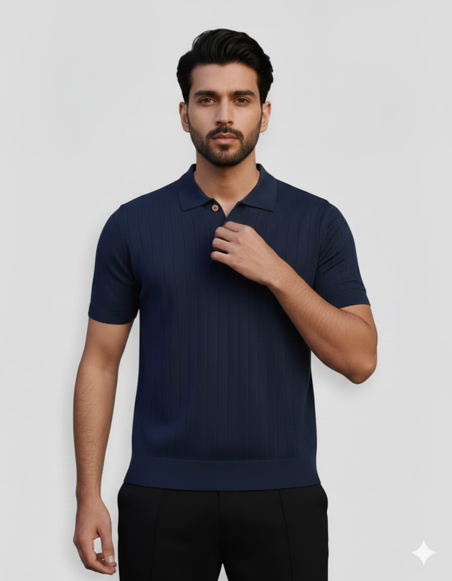 Navy Knitted Polo Shirt