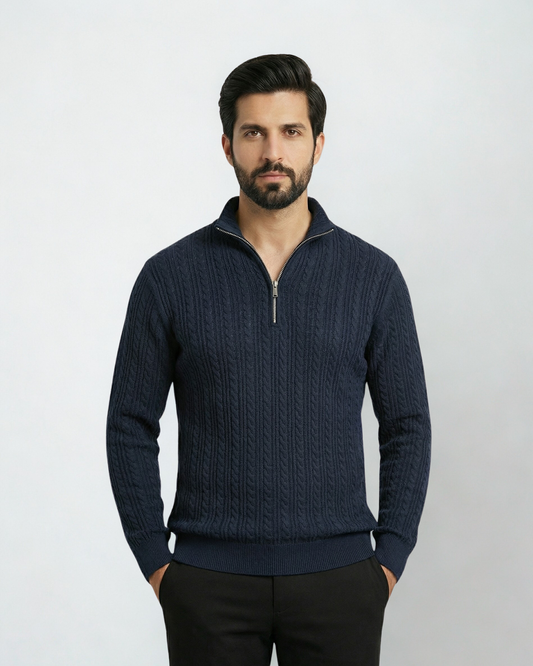 Cable Knit Zip Sweatshirt - Navy Blue