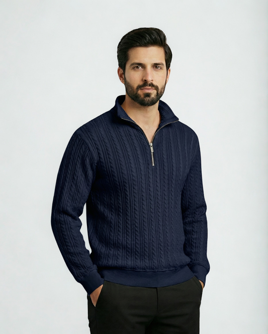 Cable Knit Zip Sweatshirt - Navy Blue