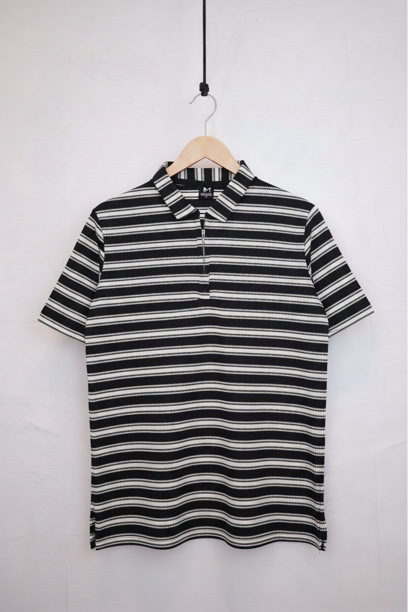 KNITTED STRIPE POLO BLACK & WHITE