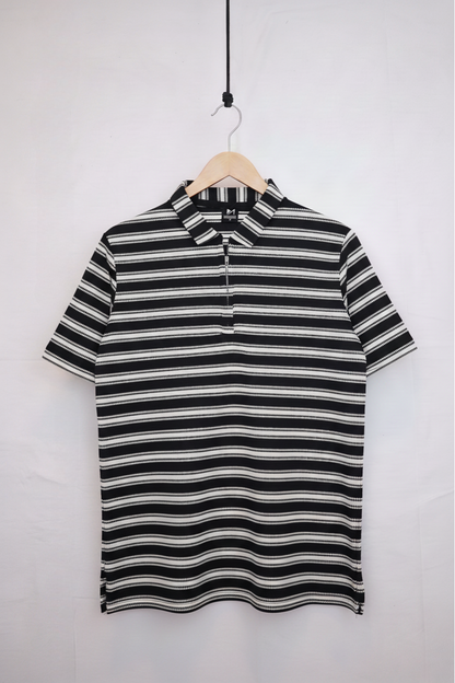 KNITTED STRIPE POLO BLACK & WHITE